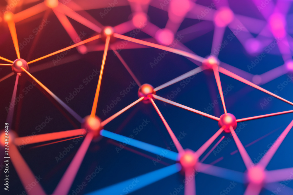 Poster digital art piece illustrating network of interconnected nodes and lines, showcasing vibrant colors 