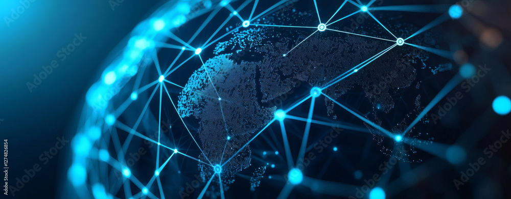 Poster digital globe interconnected by blockchain lines, showcasing global connectivity and technology