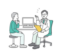 病院の外来で診察を受ける高齢男性と医師のイラスト