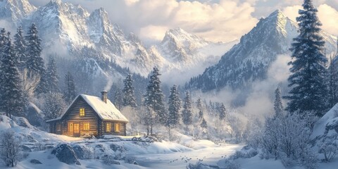 Fototapeta premium Cozy cabin glows amidst snowy mountain winter wonderland scene