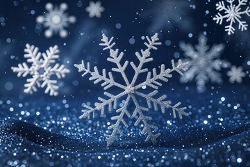 Navy Blue Winter Background with Sparkling Snowflakes and Decorative Glitter Effects