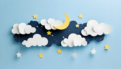 Paper cut night sky, clouds, moon and stars, children's room decor