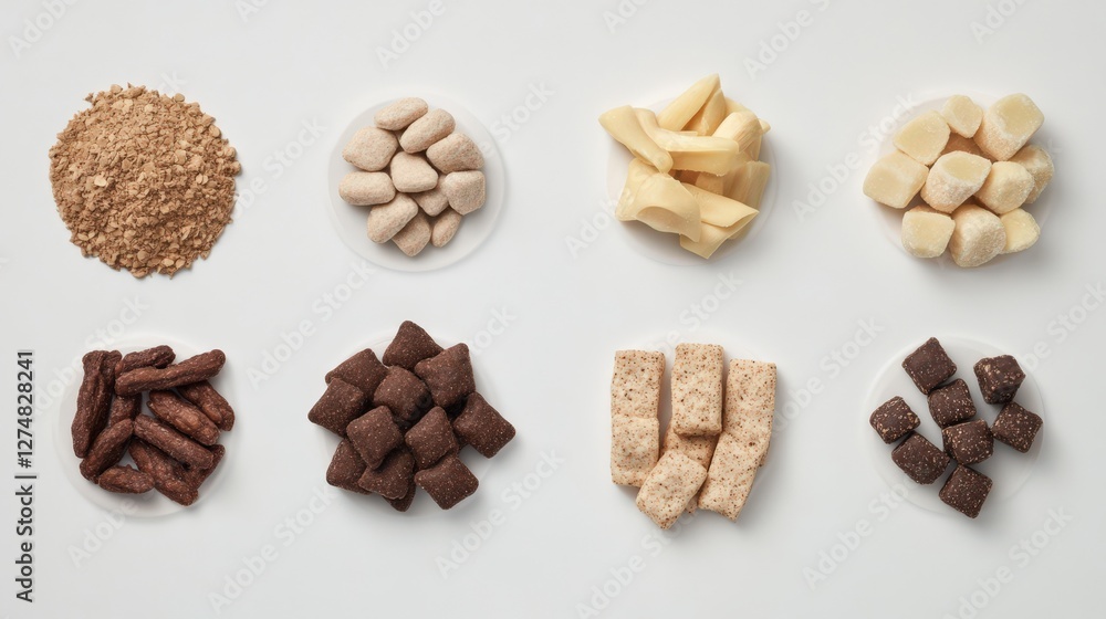 Poster assorted healthy snacks displayed on plates with natural ingredients in a minimalist setting