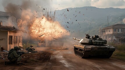 Fototapeta premium War Concept. Features military silhouettes locked in combat under a foggy sky, with World War soldiers positioned beneath a cloudy horizon. The battle scene includes armored vehicles in an attack. 3D