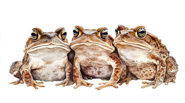 Watercolour illustration collection of common toads isolated on white background, generative ai animal clipart bundle.