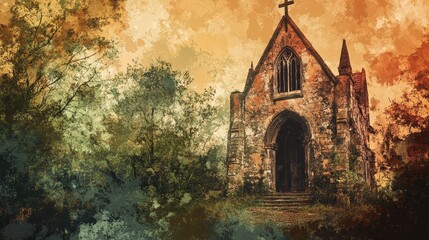 Old abandoned church or chapel nestled among overgrown trees