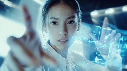 Asian woman interacting with futuristic holographic interface in a high-tech environment for innovative digital solutions