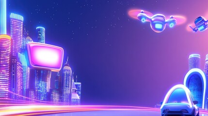 Neon Cityscape with Flying Cars and Drones at Night