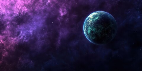 Obraz premium A solitary planet floats amidst colorful celestial nebulous clouds