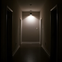 Dimly lit narrow hallway with single ceiling lamp casting moody shadows creating suspenseful atmosphere