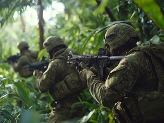 Fototapeta premium Through a thick, misty jungle, soldiers in camouflage move cautiously, rifles at the ready. The picture suggests a tense atmosphere of danger, readiness, and the unforgiving conditions of combat.