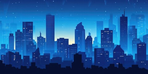 A nighttime cityscape featuring skyscrapers and stars in blue hues