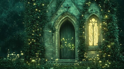 Fairytale church overgrown with vines and illuminated with magic