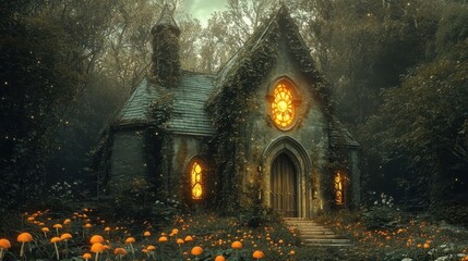 An old stone chapel lies nestled deep within a forest