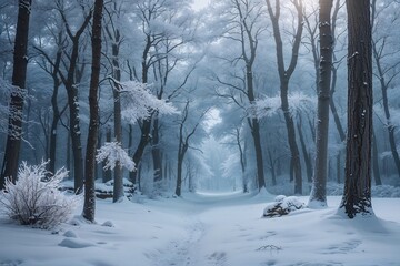 Fototapeta premium Enchanting Snowy Forest Landscape A Tranquil Winter Wonderland Experience