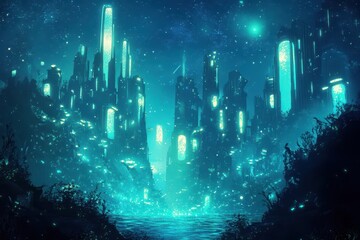 Futuristic city skyline illuminated at night above reflective water