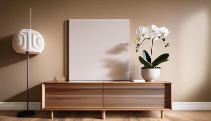 Stylish Wooden Sideboard Against a Beige Wall, Illuminated by a White Lamp and Mockup, Elegant Furniture Piece Enhancing Warm Tones in a Contemporary Interior Space.