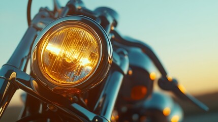 Close-up of motorcycle headlight illuminated at sunset with a cool blue sky in the background conveying freedom and adventure