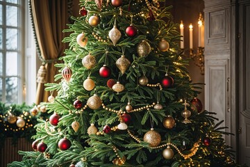 Stunning Evergreen Tree Adorned with Beautiful Ornaments and Festive Garland