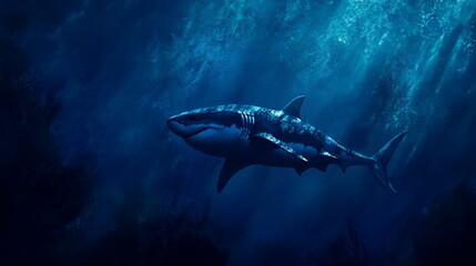 Fototapeta premium Great White Shark majestically swimming in the deep blue ocean depths