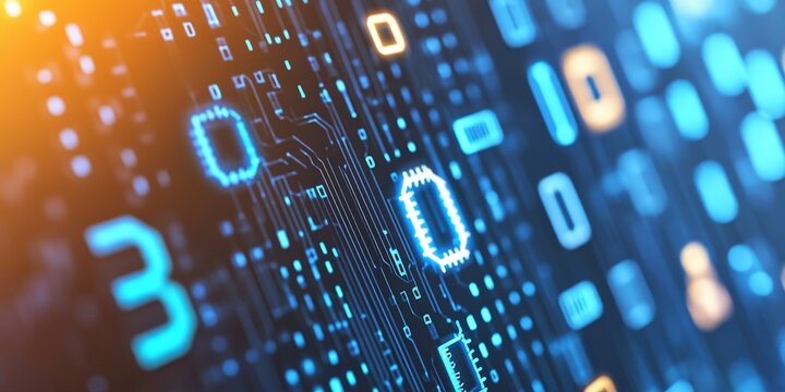 Digital data flow with binary code and glowing circuit board on blue background for technology