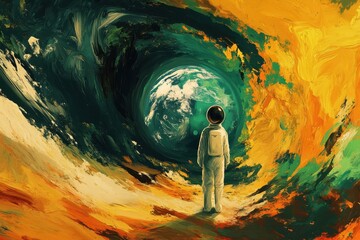 Astronaut contemplating earth at the end of an artistic tunnel