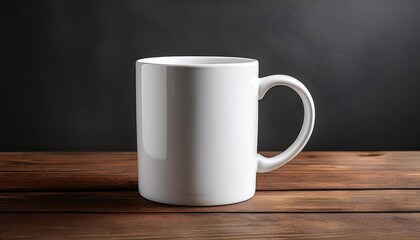 Elegant White Coffee Mug Mockup Perched on Rustic Wooden Table Against a Dramatic Dark Backdrop, Perfect for Digital Art, Home Decor, and Design Inspiration