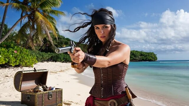 A courageous female pirate with flowing hair, dressed in a leather corset and bandana, stands on a beach, flintlock pistol in hand, next to buried treasure.