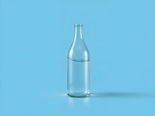 A transparent glass bottle filled with water on a blue background, symbolizing purity, freshness, and hydration. Generative AI