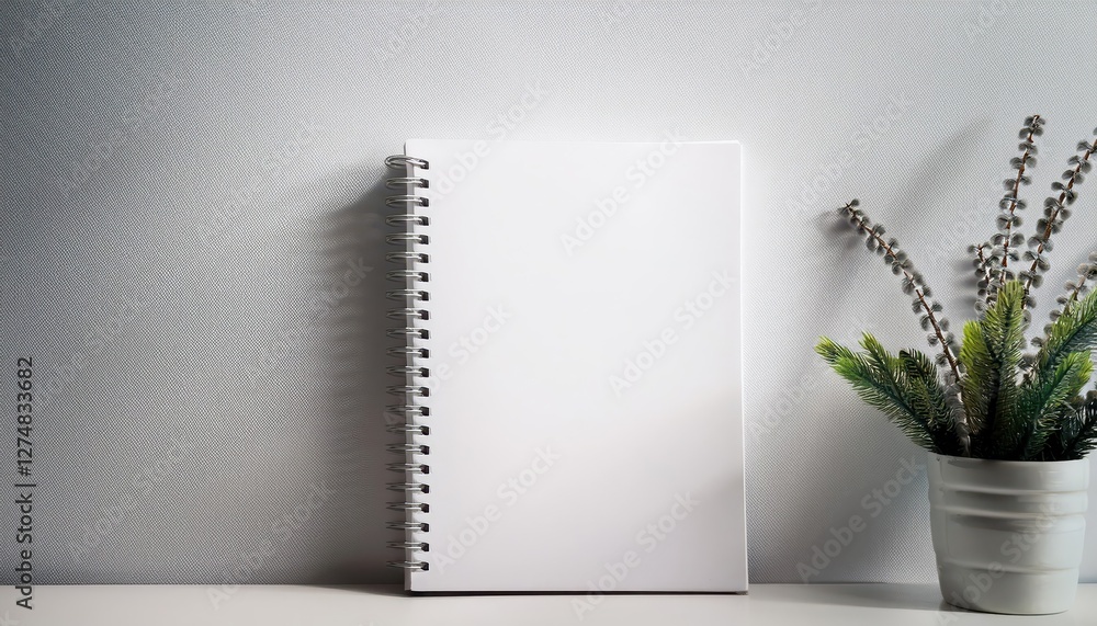 Aufkleber stark white spiral notebook against a minimalist white backdrop at dusk, echoing simplicity and sere