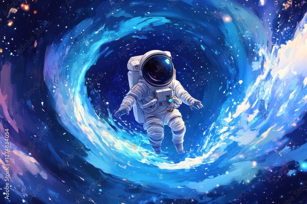 Poster astronaut floating through a vibrant swirling vortex in deep space