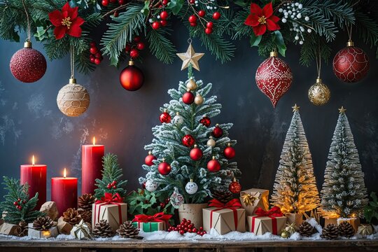 Rustic Traditional Christmas Background Featuring Festive Holiday Decorations
