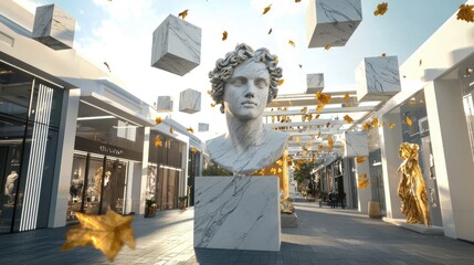 Marble bust sculpture in modern shopping street with falling autumn leaves and floating cubes.