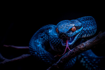 Vivid Blue Snake Coiled on a Tree Branch: Full-Body View with Tongue Out, Captured Against a Black Background, Highlighting Its Grace, Striking Color, and Mysterious Elegance in Nature