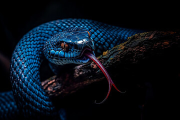 Obraz premium Vivid Blue Snake Coiled on a Tree Branch: Full-Body View with Tongue Out, Captured Against a Black Background, Highlighting Its Grace, Striking Color, and Mysterious Elegance in Nature
