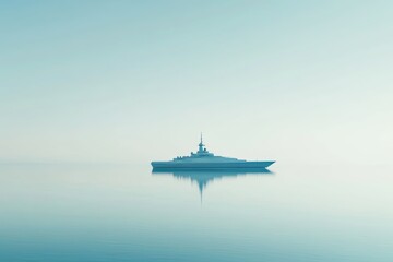 Obraz premium The majestic battleship emerges from the misty waters, its grandeur reflected in the still water.