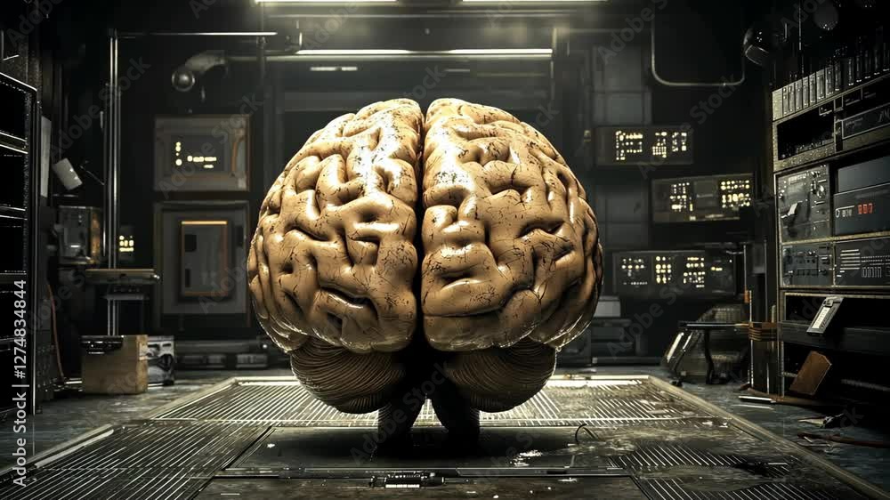 Poster large detailed brain displayed in a futuristic lab setting with advanced technology and ambient ligh