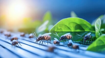 Naklejka premium Bees foraging on vibrant green leaves nature macro photography natural environment close-up pollination process