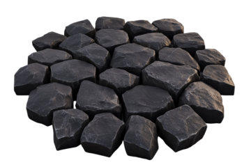 Large pile of black rocks on a white background, isolated
