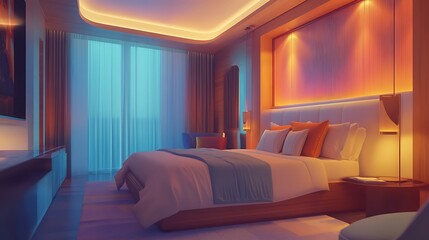 Spacious luxury bedroom with contemporary warm lighting high resolution picture