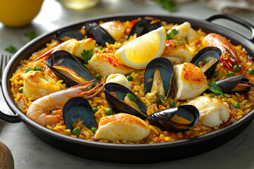 Delectable Seafood Paella: Saffron Rice, Mussels, Shrimp, and Fish