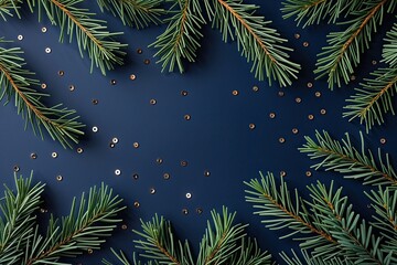 Stylish Navy Backdrop with Sprigs of Pine and Sequins for Holiday Decor