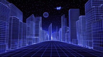Obraz premium Futuristic Cityscape with Neon Grid and Starry Sky Background