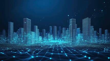 Futuristic City Skyline with Digital Connections and Network Grid