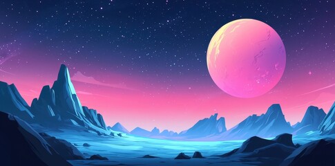 Colorful alien landscape with large planet and starry sky