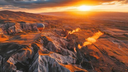 Vibrant Hot Air Balloon Festival at Sunset with Multiple Colorful Balloons Floating in Golden Sky Above Mountain Landscape
