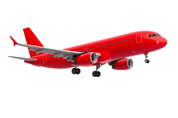 Red airplane is flying in the sky, isolated