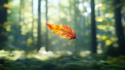 Autumn leaf floating in sunlit forest; peaceful nature scene; background blur; ideal for nature, autumn, or tranquility themes