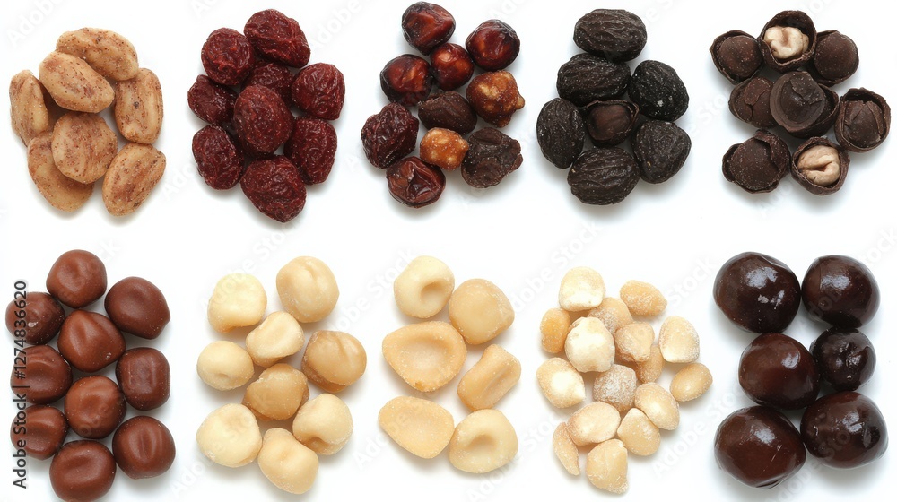 Poster assorted nuts and dried fruits displayed neatly on a white background for healthy snacking