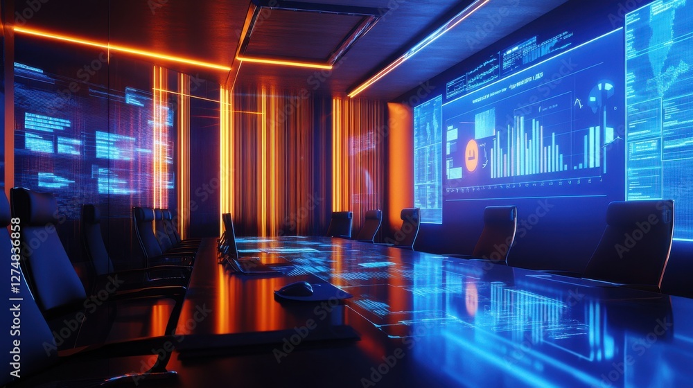 Poster modern conference room with advanced technology and data visuals